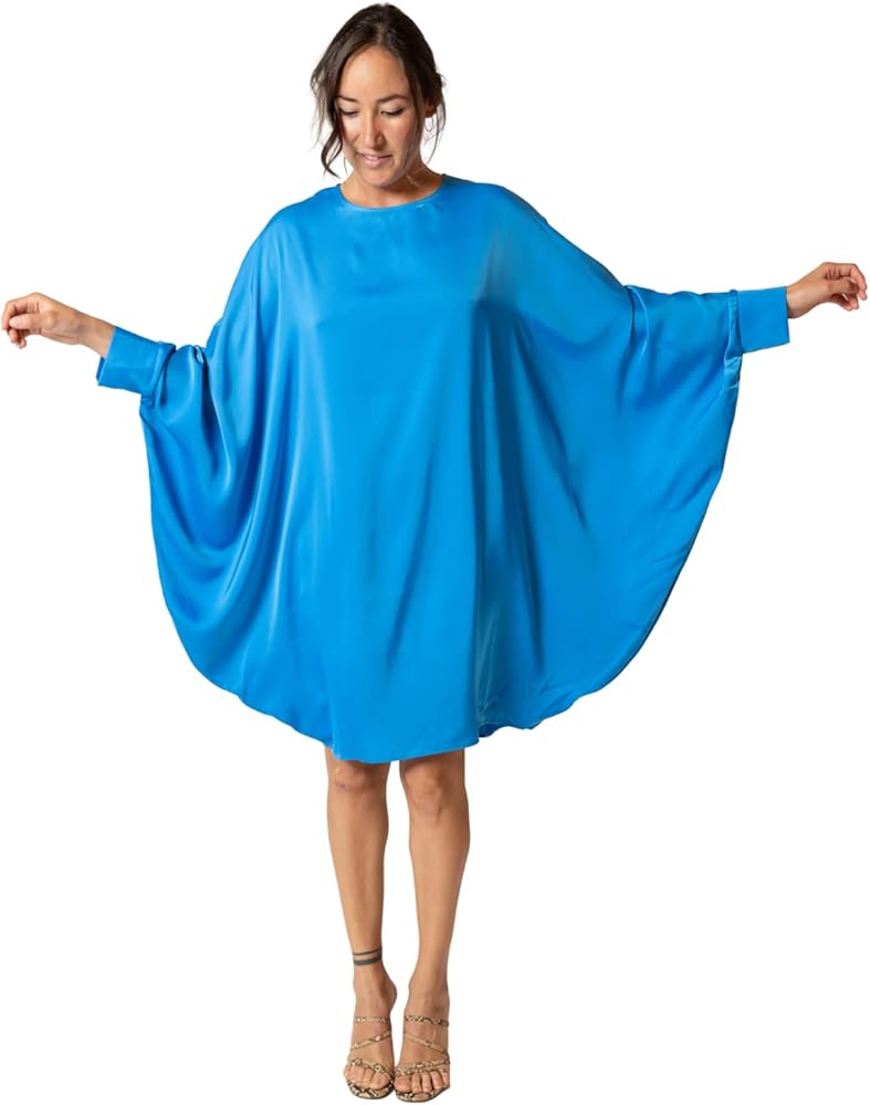 YUNHUI Summer Silk Stain Dress for Women High Waist Batwing Sleeve  Beautiful Dress Long Sleeve Mini Dress Blue at Amazon Women's Clothing store
