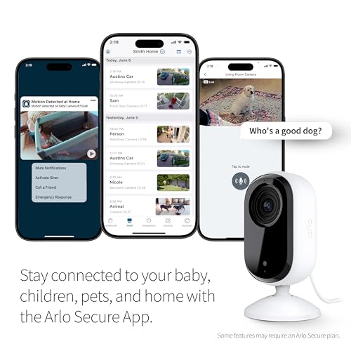 arlo essential security camera 2k  indoor only 2nd gen  baby monitor amp pet camera  wired automated privacy shield 2-way audio night vision live stream motion alerts amp notifications white1 cam