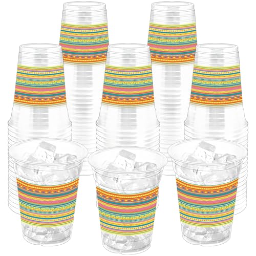 ZCPTZ 100Pcs Mexican Plastic Party Cups 12oz Fiesta Disposable Clear Cups Margarita Cinco De Mayo Cup for Party Decorations Mexico Taco Carnival Birthday Party Drinking Supplies