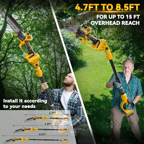 Image of 8 Inch Cordless Pole Saw for Dewalt 20V Max Battery (No Battery), Brushless Electric Chainsaw with Extension Pole, 15Ft Long Reach for Tree Pruning Hedge Cutting