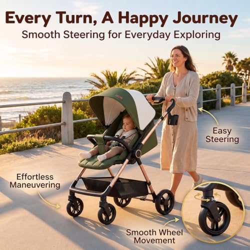 Image of StarAndDaisy Urban Moon Stroller for Baby Boy 0 to 5 Years, Foldable Baby Pram with Adjustable Reclining Seat, 5-Point Safety Harness, Footrest, Wheel Brakes & Storage Basket, Beige Brown
