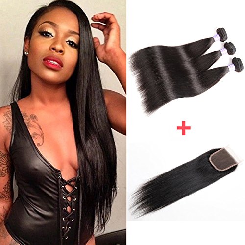 AMZTMY Brazilian Straight Virgin Hair 3 Bundles With Free Part Closure 100% Unprocessed Hair Extensions Remy Human Hair Weft Weave With 4×4 Lace Closure Natural Color (12 12 12+12 inch)