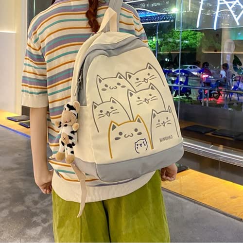 Mochila Kawaii Gato Anime Estética Fofa com Pingente de Vaca Animal Gatinho Meow Bolsa de Livro Mate