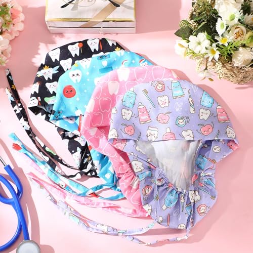 Image of Unittype 4 Pcs Nurse Caps for Women Nursing Working Caps with Button and Sweatband Adjustable Elastic Scrub Hats for Dentist