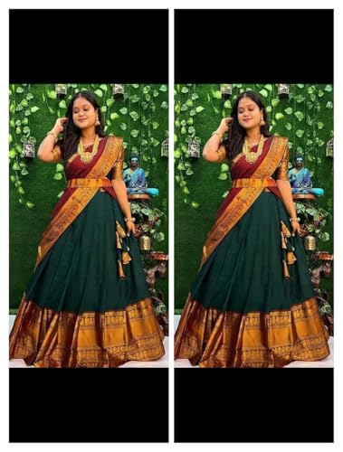 Image of RENVAANI Women's Traditional Kanjivaram Kanchipuram Silk Unstitched Lehenga Choli with Dupatta (PURPLE MAROON DUP FIROZI)