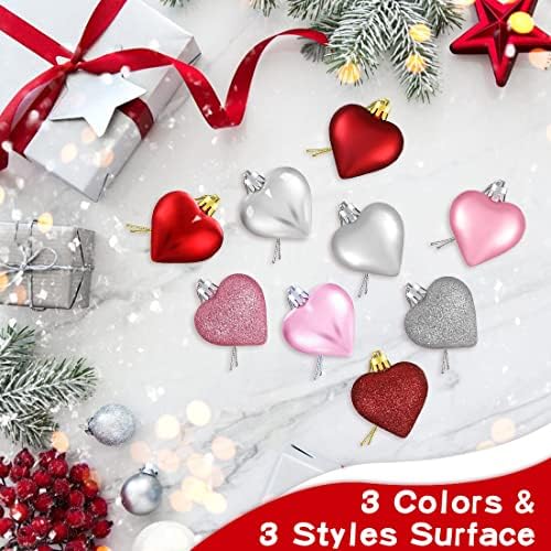 YASQZ Valentine's Day Heart Ornaments,36 Pcs Heart Baubles Heart Shaped Ornament with Rope,3 Styles Christmas Tree Hanging Hearts Decorations for Valentine's Day (Red,Pink,Silver),4.5in
