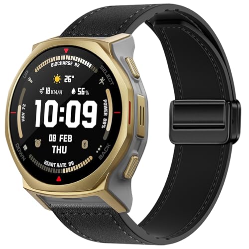 [ULIGADUO] �����p�o���h For Amazfit T-Rex 3 Pro 44mm�X�}�[�g�E�H�b�`�Ή� 20mm�E�H�b�`�o���h ���U�[�v+�V���R���� �}�O�l�b�g���܂肽���݃o�b�N�� �u���b�N/�u���E�� (�u���b�N)