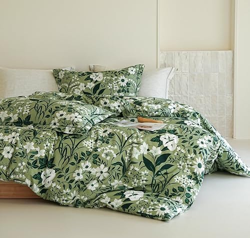Solycoil Floral Comforter Queen Size - 100% Cotton Green Comforter Set 3pcs, Leaf Print Soft Hypoallergenic Bedding Set