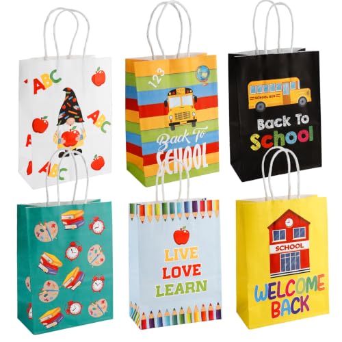 Back to School Gift Bags, 6 PCS Back to School Gift Bags with Handles, Welcome Back Paper Bags School Bus Pencil Treat Goodie Candy Cookie Bags for First Day of School Holiday Party Favor Supplies