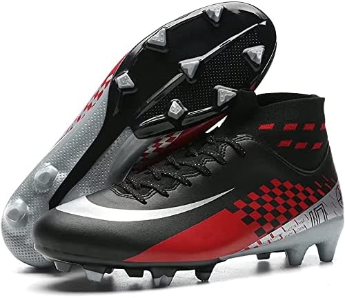 Men's Soccer Cleats Football Boots with Spikes Ankle Support Indoor Outdoor Softball Field Hockey Exercise Shoes Black Red EU 45