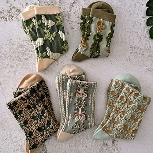 Piplyki 5 Pairs Womens Floral Cotton Socks, Vintage Embroidered Floral Socks, Warm Vintage Floral Socks For Winter #TOP6