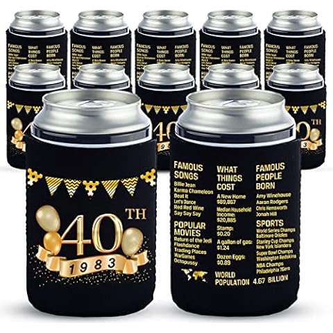 Yangmics Direct 40 Birthday Can Cooler Sleeves Pack of 12- Dirty 40 Birthday Party Supplies - Black and Gold Fortieth Birthday Cup Coolers Cover