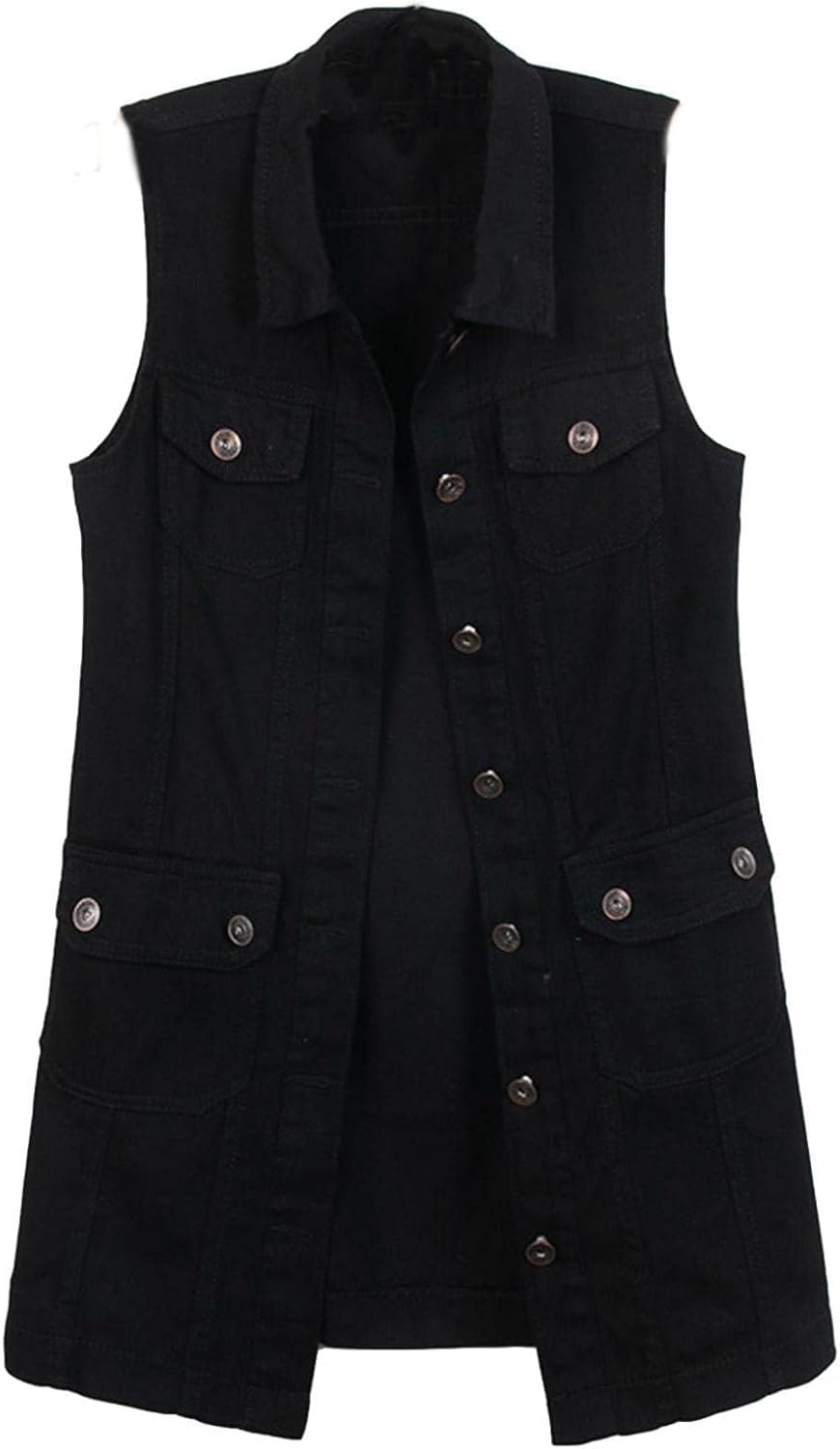HALITOSS Women's Button Down Mid Long Denim Jean Vest Waistcoat Sleeveless Coat, 895black, X-Large