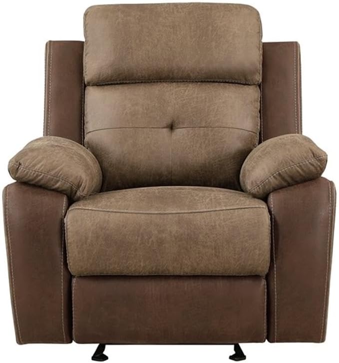Pemberly Row Manual Reclining Glider Chair, Brown Polished Microfiber, Foam Padding, Tufted Seat, Gentle Glide Motion, Solid Wood Frame, Living Room Recliner, 300lb Capacity