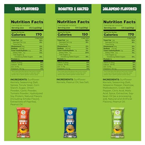 Sun-Kissed Sunflower Kernels Variety 6-Pack - Includes 2 Bags Each: Roasted & Salted, Jalapeño, BBQ | Vegan, Gluten-Free, Non-GMO | High Protein Snack | 2.5 oz Bags | Perfect for Sharing