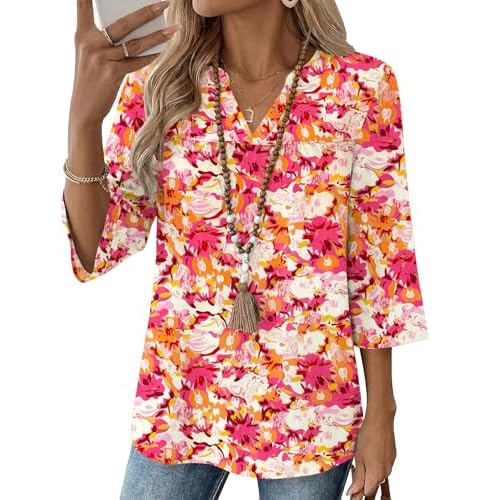 Rapbin Womens 3/4 Sleeve V Neck Boho Pleated Blouses for Women Dressy Casual Loose Fit Tops Medium Rose Red Floral