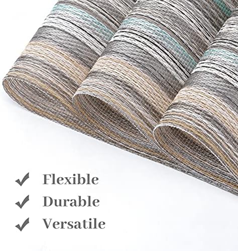 Placemats Sets of 6 for Dining Table - Rustic Placemat Woven Vinyl PVC with Green Farmhouse Strip, Non-Slip Washable Placemats Heat Resistant Kitchen Table Mats for Home Restaurant Cafe Pub (6, Green)