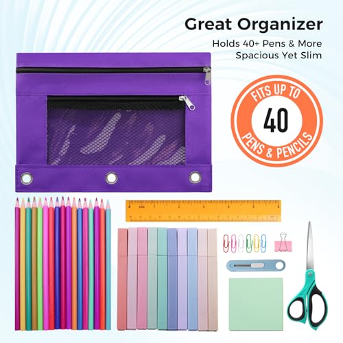 Image of Pencil Pouch for 3 Ring Binder, Pencil Case Bag with Zipper, 600D Fabric Pencil Pouch Holder Accessories, Clear Window Pencil Case Aesthetic Back to School Organizer Pockets for Boy Girl (Purple)