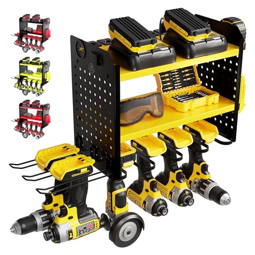 BUILTSTRONG Power Tool Organizer Wall Mount – 3-Tier Heavy-Duty Steel Rack, 6 Drill Slots, Dual Pegboard Sides, Side-by-Side Modular, 100 lb Capacity – Garage & Workshop (Yellow)