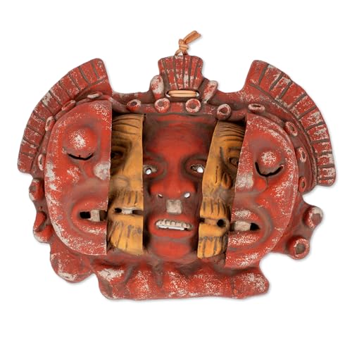 NOVICA Artisan Handmade Ceramic Mask Aztec Archaeological Brown Mexico Masks [10in H x 13in W x 3.3in D] ' Three Ages of Man'