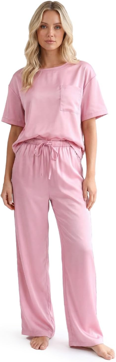Zylioo Womens Pajama Sets Tall Satin 2 Piece Pajamas for Women Set Short Sleeve Top & Long Pants Silky Sleepwear