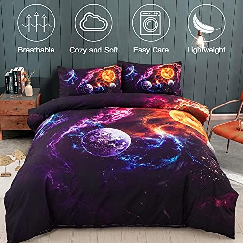 Galaxy Planet Printed Duvet Cover Set Soft Microfiber Bedding Set for Adults Teenager Kids 3Pcs with Zipper Closure for Home Decoration (Double, 200x200cm)