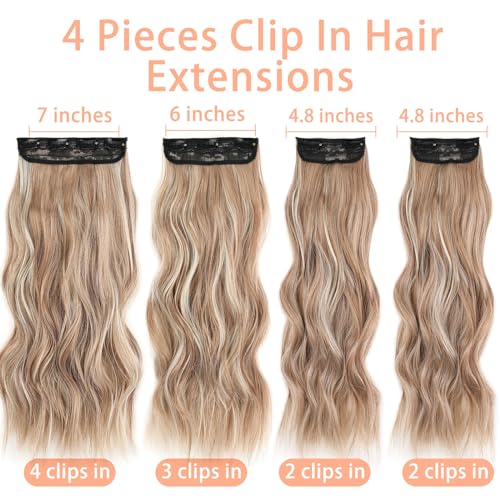 Mscat 16 Inch Blond & Brown Long Wavy Clip in Hair Extensions - 4PCS Full Head Set, Thick Curly Synthetic Hair Pieces (Blond Mixed Brown)
