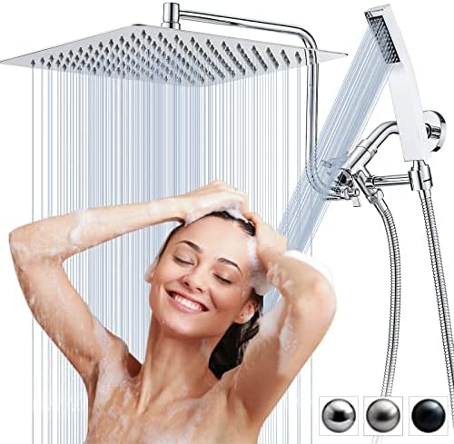 PDPBath All Metal Shower head with Handheld Combo, High Pressure 10" Rainfall Shower Head with Upgrade Adjustable Extension Arm, Shower Wand with 70" Extra Long Shower Hose, 3-Way Diverter-Chrome
