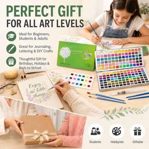 OKSON 168 Colors Watercolor Paint Set with Painting Book, 2 Water Brush Pens, 3 Paint Brushes, Pencil, Sharpener, Sponge and Color Chart, Portable Watercolor Kit for Adults, Beginners and Kids - Image 7