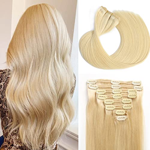 Clip in Hair Extensions Real Human Hair for Women Invisible Natural Straight Seamless Clip on Hair Extensions 8pcs Double Weft 2.8oz/70g (#613 Bleach Blonde, 20 Inch)
