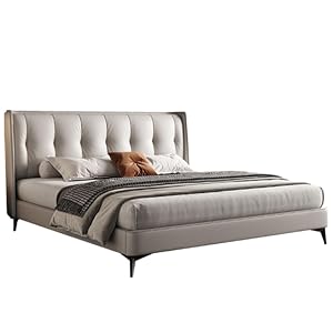 Grey Genuine Leather Queen Bed Frame Modern King Size Storage Bed with Heavy Duty Wooden Slat Support Noise-Free