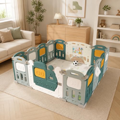 Image of Dawnwake Foldable 14 Panel Playard, Baby Playpen Fence with Crawling Mat and Football for Baby Upto 8 Years with Safety Locking Door & Drawing Board (150 x 150cm, Assembly-Free) -Green