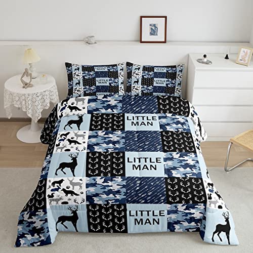 Camo Deer Antlers Comforter Set Queen,Geometric Checkered Patchwork Bedding Set 3pcs for Kids Teens Boys Adults Room Decor,Boho Arrow Quilt Set,Blue,2 Pillowcases