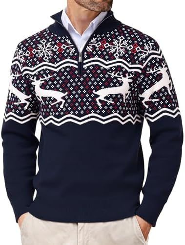 Wayleb Weihnachtspullover Herren 1/4 Zip Stehkragen Rentiermotiv | Rentier und Schneeflocken Muster, Langarm, Festlicher Winterlook, Weihnachtsfeier, Party, Familienabend und Freiz
