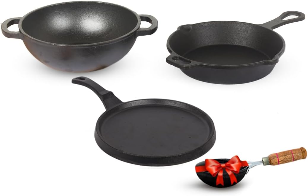 Pre-Seasoned Cast Iron Cookware Set + Free Iron Tadka Pan|Tawa(25.5Cm)+Kadai(25.4Cm/2.3L)+Fry Pan(22.9Cm/1.4L)|Kitchen Cooking Combo Pots & Pans Set Of 4Pcs|Naturally Nonstick - Black