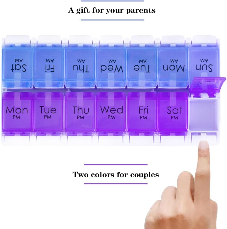Daily Vitamin Box AM PM Pill Case Organizer Weekly Pop Up 7 Day Medicine Box Container Two Color Medication Dispenser for Twice a Day Fish Oil Supplements,Gift for Parents (5.Purple/Blue)