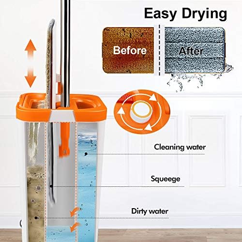 Myiosus Flat Mop and Buckets Sets, Microfibre Floor Mop with 6 Reusable Pads & 126cm Long Handle, Dry Wet Mops for Cleaning Hardwood Laminate Tiles Floors - 3 Chamber Design