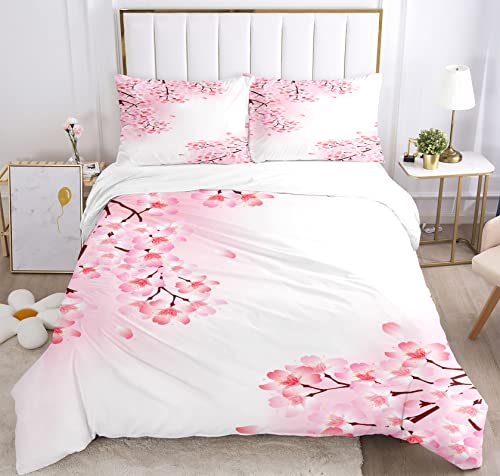 Parure de lit en Fleurs de Cerisier, Microfibre Housse de Couette Fleurie 1 Personne Fille Rose, 3D Fleurs de Cerisier Style Japonais Style Romantique avec Fermeture Eclair(135 x 200 cm,02) Cover