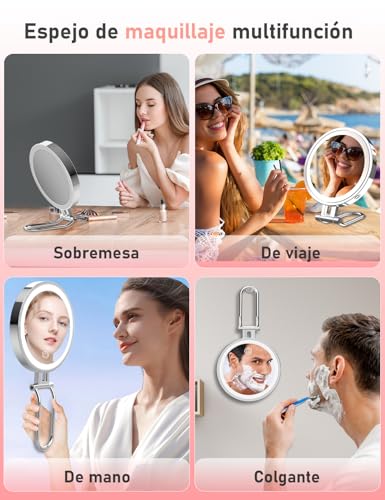 Miniatura 7 de Robofun Espejo De Maquillaje Con Iluminación, Espejo De Aumento 1x 10x Con Luz, 3 Luces De Color, 20 -100 Brillo, Espejo Cosmético Iluminado Con Iluminación, Espejo De Viaje De 3000 Mah, Carcasa