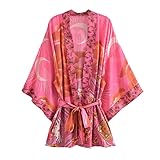 Bohemian Beach Cover Ups Belt Vintage Ethnic Style Short Robe Gypsy Kimono Cardigan Cover Ups Red L