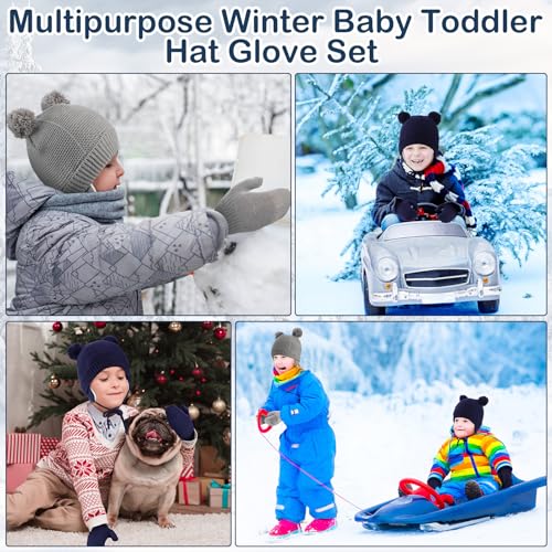 Suhine 2 Set Unisex Winter Baby Toddler Hat Glove Set Warm Fleece Knitted Beanie Cap Newborn Beanie Mitten for Infant Boys Girls, 1-4 Years