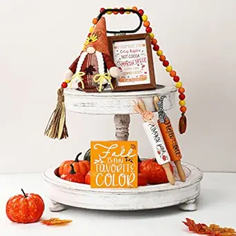 6 Pcs Fall Tiered Tray Decor Includes 2 Block Wood Signs, 2 Farmhouse farm Rolling Pins, 1 Bead Garland Wreath with Tassels, 1 Gnome Farmhouse Rustic Thanksgiving Autumn Decor(Pumpkin)