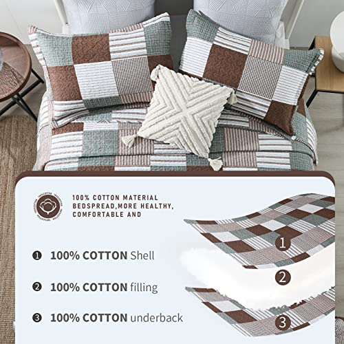 Image of Finlonte Quilts Queen Size - 100% Cotton Queen Comforter Set Brown Green White Plaid Farmhouse Quilt Bedding Set, Reversible Lightweight Soft Bedspread, Quilted Coverlet All-Season, 3-Piece