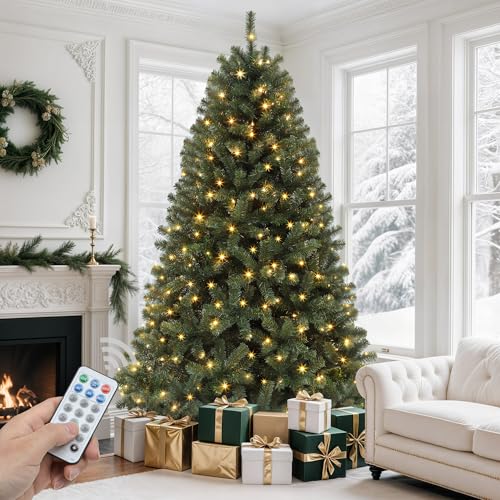 GOOBED 7.5FT Prelit Green Christmas Tree with Remote Control, Pre-Lit Green Artificial Hinged Spruce Christmas Tree with 1450 Tips, 550 LED Lights and 11 Light-Modes for Home, Party Decoration