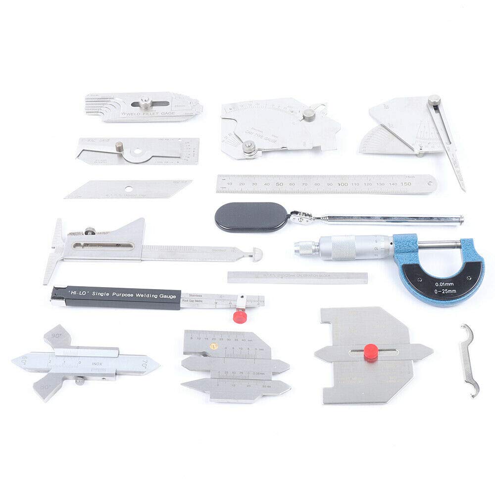 13 Pcs Welding Gauge Tool Kit Gage Weld Inspection Gauge with Easy Carry Suitcase, Stainless Steel Gage Weld Measuring Tools Box with 0-150mm Ruler, Fillet Welding Gauge, Micrometer, Inspection Mirror