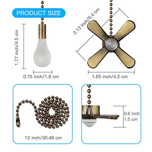 Generic Elfcab Ceiling Fan Pull Chain Set, Including 4Pcs Beaded Ball Fan Pull Chain Pendant, Extra 8Pcs Pull Loop Connectors, 2Pcs 36 Inches Fan Pull Chain Extension. (Antique Brass), 12Inch #TOP6