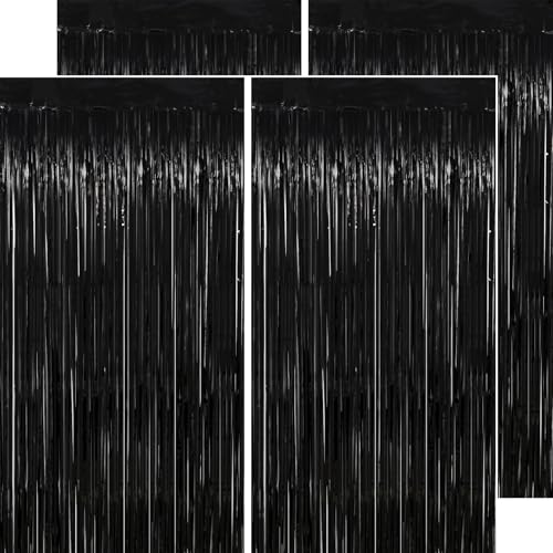 Image of Thicken Black Tinsel Backdrop Curtains 4 Pack 13.2x8.2 FT, Black Streamers, Birthday Decorations for Men, Foil Fringe Photo Backdrop for Retirement, Bachelor Party Decorations, New Years, Halloween