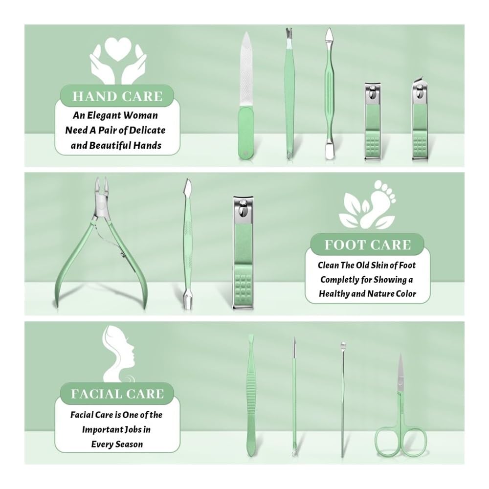 Kit Manicure per Donna, Set for Manicure e Pedicure da 12 Pezzi for Donne e Uomini, Kit for la Cura delle Unghie in Pelle con Strumenti Professionali(Green)