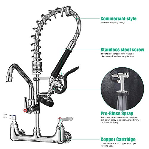 CWM Commercial Faucet with Sprayer 21" Height 8" Center Wall Mount Kitchen Sink Faucet Brass Constructed Polished Chrome Pre-Rinse Device with Coilded Spring and 8" Add-on Spout - Thumbnail 4