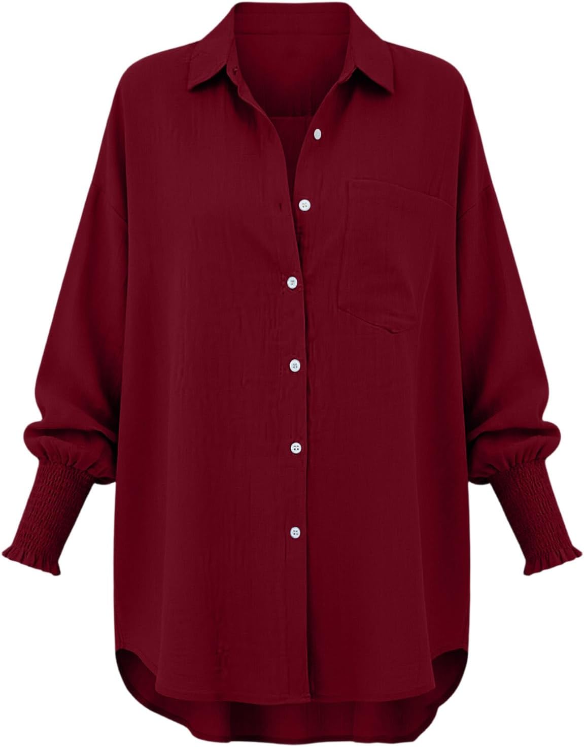 Women's Collared Button Down Shirt Long Sleeve Smocked Business Casual Blouse with Pocket Fall Spring Loose Fit Top